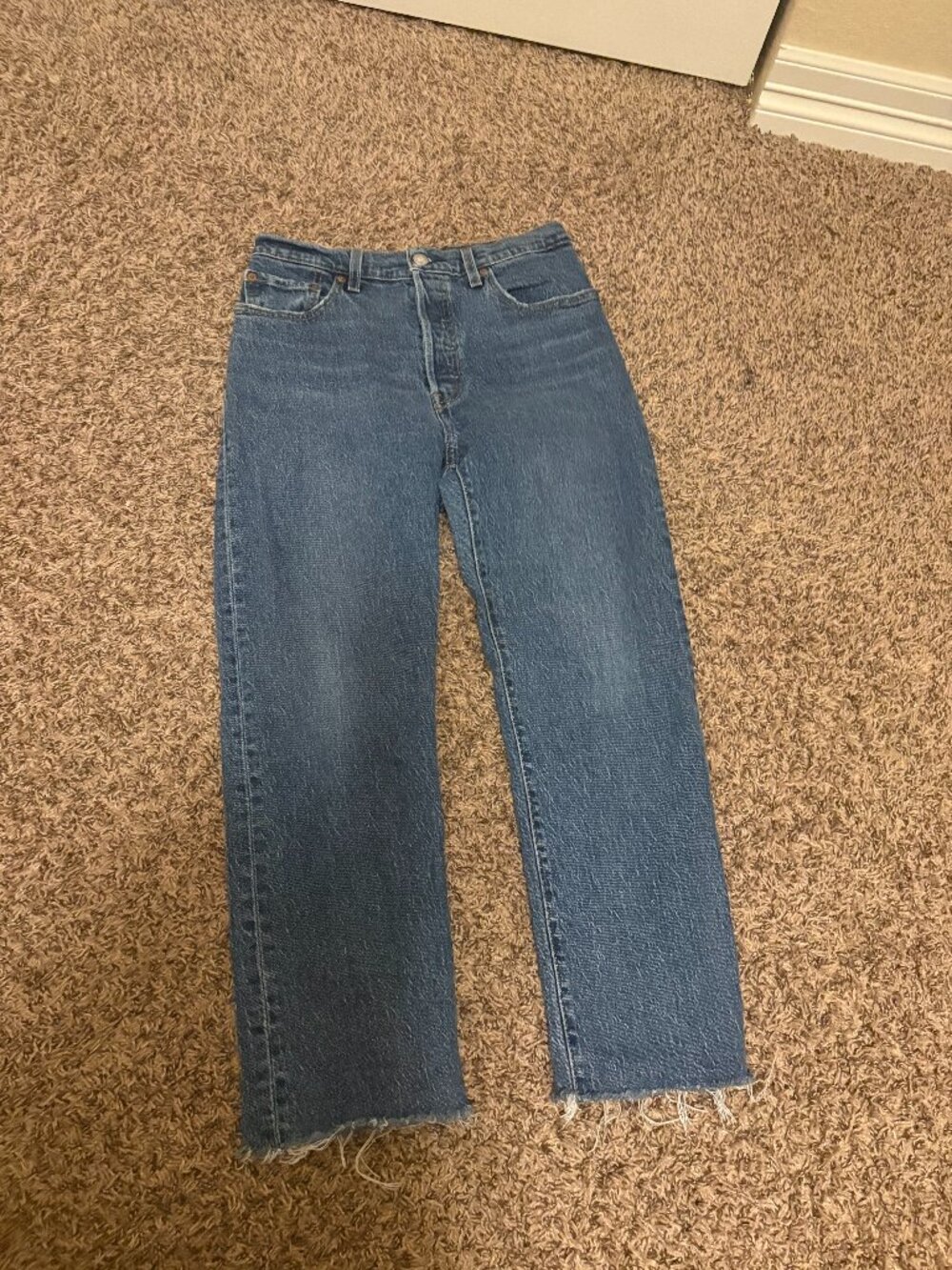 Levi's 501 Jeans W 29 Medium Blue Denim Button Fly Raw Hem Cutoff 24 Inseam